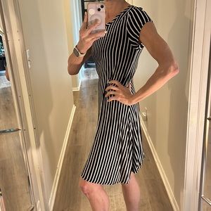 TMG Black and White Vertical Striped Body con cotton fitted short sleeve Dress